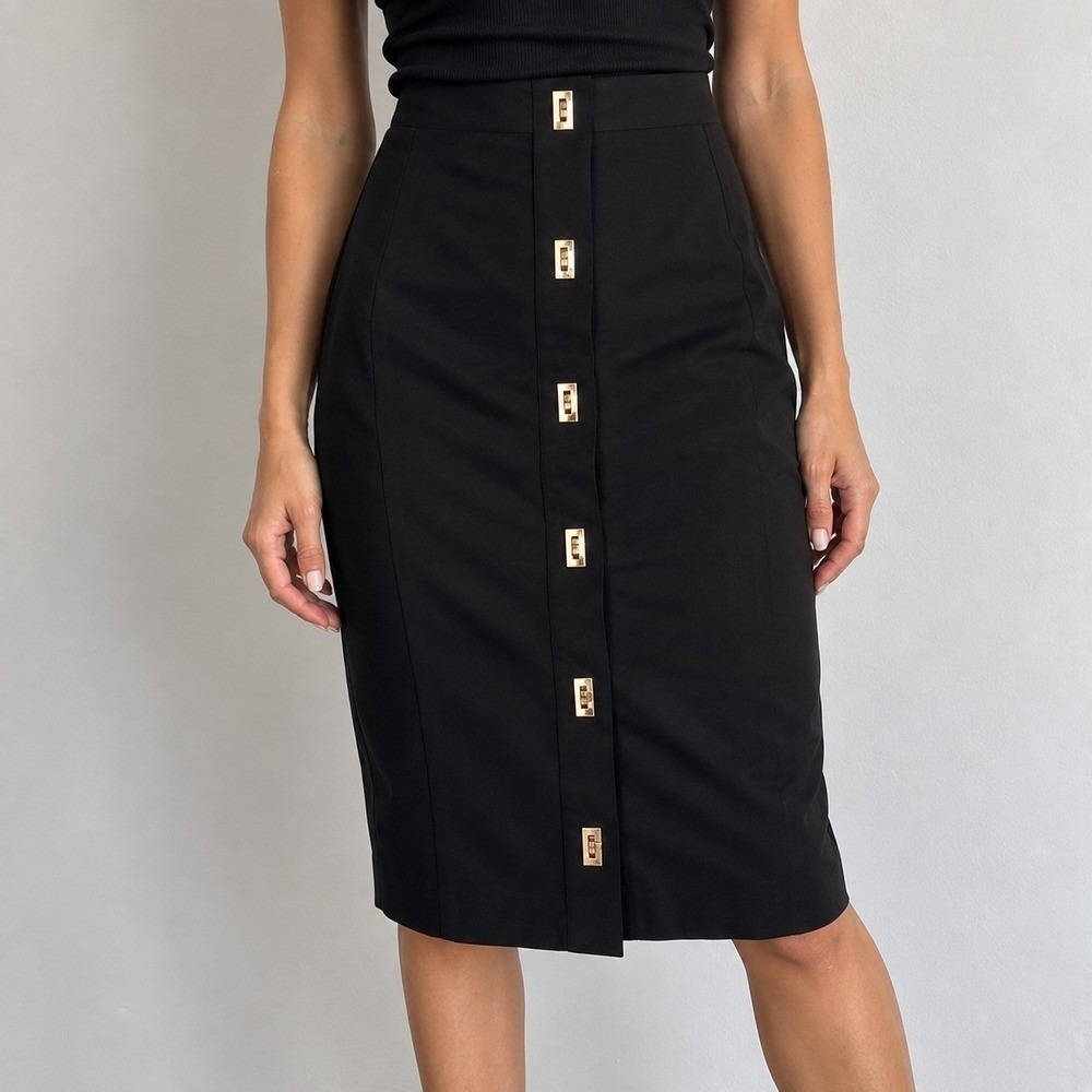Karen Millen Black Techno Cotton Hardware Detail Midi Skirt Size 2 Minimalist